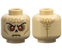 Minifigure, Head Alien Skull with Black Eyebrows, Nose and Mouth, Red Eyes, Dark Tan Filigree Tattoos and Contours, Frown Pattern