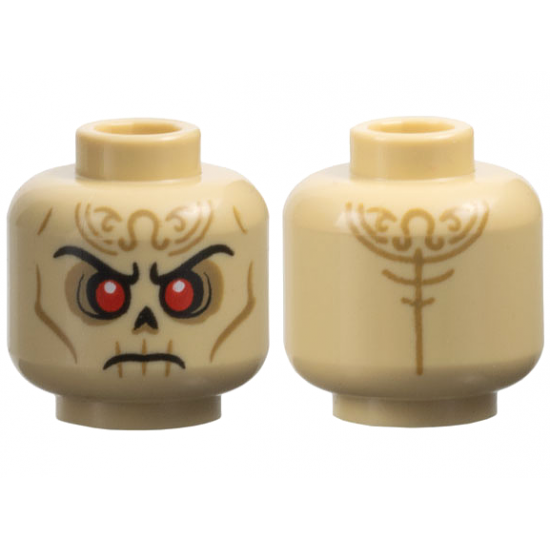 Minifigure, Head Alien Skull with Black Eyebrows, Nose and Mouth, Red Eyes, Dark Tan Filigree Tattoos and Contours, Frown Pattern