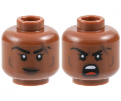 Minifigure, Head Dual Sided Female Black Eyebrows, Dark Brown Lips, Cheek Lines and Scar, Lopsided Grin / Open Mouth Scowl Pattern