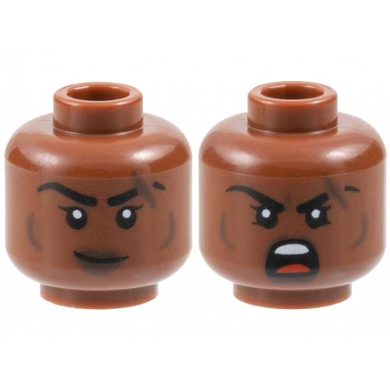 Minifigure, Head Dual Sided Female Black Eyebrows, Dark Brown Lips, Cheek Lines and Scar, Lopsided Grin / Open Mouth Scowl Pattern