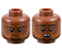 Minifigure, Head Dual Sided Dark Orange Eyebrows and Beard with Dark Red Highlights, Frown / Open Mouth Smile with Top Teeth Pattern