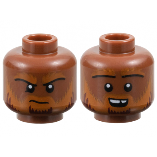 Minifigure, Head Dual Sided Dark Orange Eyebrows and Beard with Dark Red Highlights, Frown / Open Mouth Smile with Top Teeth Pattern