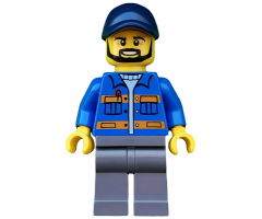 Blue Jacket with Pockets and Orange Stripes, Dark Bluish Gray Legs, Dark Blue Cap with Hole, Black Beard