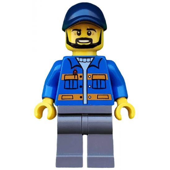 Blue Jacket with Pockets and Orange Stripes, Dark Bluish Gray Legs, Dark Blue Cap with Hole, Black Beard
