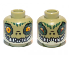 Minifigure, Head Dual Sided Alien Chima Crocodile with Bright Light Orange Eyes, Yellowish Green Lower Jaw, Dark Green Scales, and White Sharp Teeth, Wide / Narrow Eyes Pattern