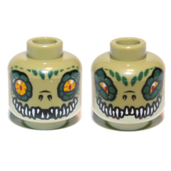 Minifigure, Head Dual Sided Alien Chima Crocodile with Bright Light Orange Eyes, Yellowish Green Lower Jaw, Dark Green Scales, and White Sharp Teeth, Wide / Narrow Eyes Pattern