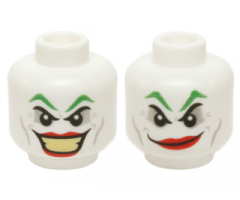 Minifigure, Head Dual Sided Green Eyebrows, Light Bluish Gray Eye Shadow, Cheek Lines and Dimples, Red Lips, Large Open Mouth Smile with Bright Light Yellow Teeth / Smirk Pattern