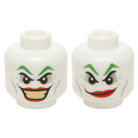 Minifigure, Head Dual Sided Green Eyebrows, Light Bluish Gray Eye Shadow, Cheek Lines and Dimples, Red Lips, Large Open Mouth Smile with Bright Light Yellow Teeth / Smirk Pattern