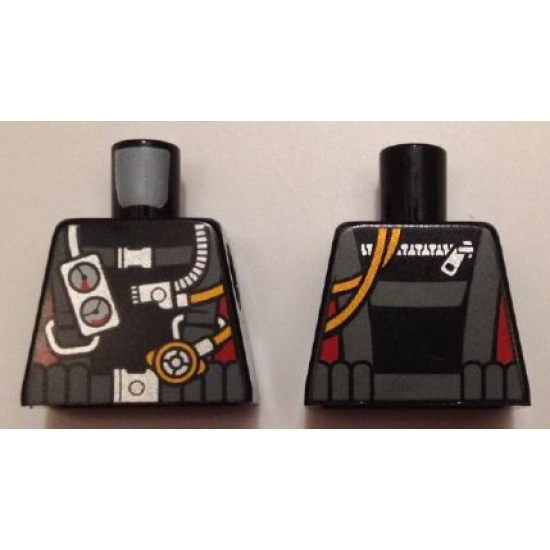 Torso Diving Suit with Dark Bluish Gray Harness, Gauges on Front, Hoses and Zipper on Back, Red Stripes on Sides Pattern