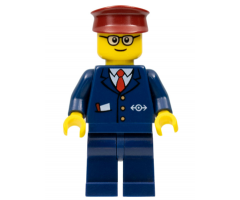Dark Blue Suit with Train Logo, Dark Blue Legs, Dark Red Hat, Rounded Glasses - Tram Driver