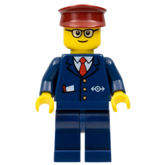 Dark Blue Suit with Train Logo, Dark Blue Legs, Dark Red Hat, Rounded Glasses - Tram Driver