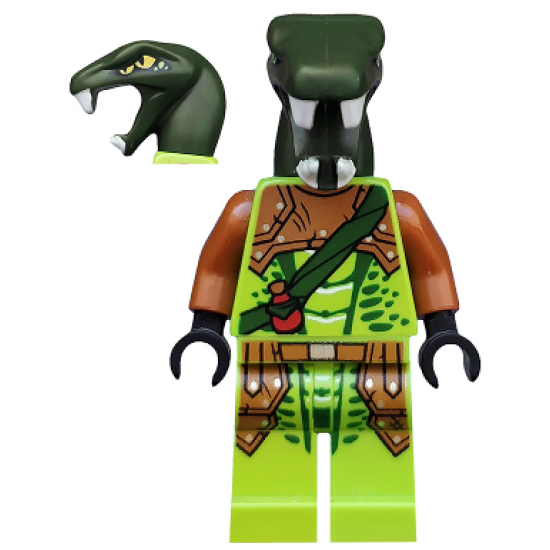 Zoltar - Serpentine Snake Warrior, Lime with Scales, Dark Orange Armor Coverings, Dark Green Strap with Red Vial