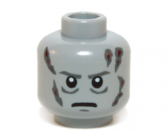 Minifigure, Head Dark Bluish Gray Eyebrows, Creases Under Eyes, Chin Dimple and Scars, Dark Red Burns, Angry Frown Pattern