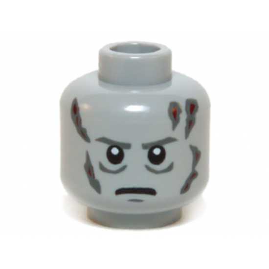Minifigure, Head Dark Bluish Gray Eyebrows, Creases Under Eyes, Chin Dimple and Scars, Dark Red Burns, Angry Frown Pattern