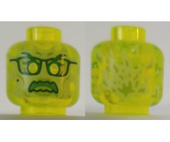 Minifigure, Head Alien Ghost with Yellowish Green Face, Glasses, Angry and Flames in Back Pattern