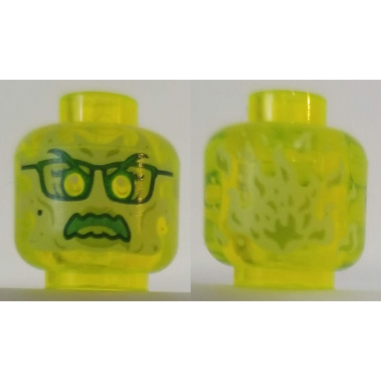 Minifigure, Head Alien Ghost with Yellowish Green Face, Glasses, Angry and Flames in Back Pattern