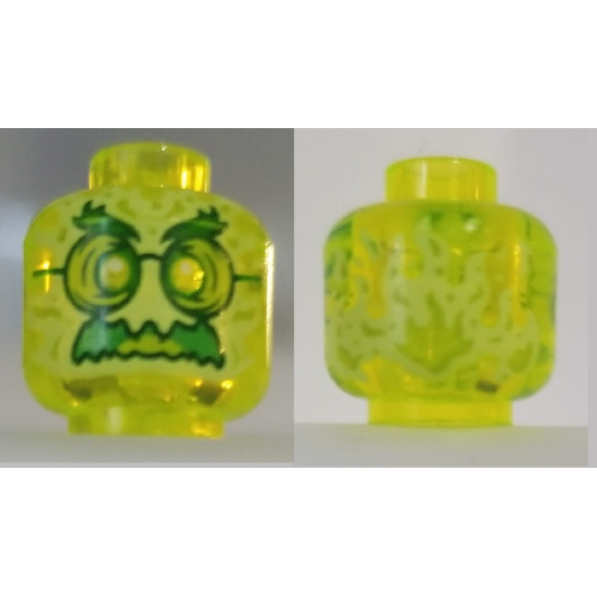 Minifigure, Head Alien Ghost with Yellowish Green Face, Bushy Eyebrows, Glasses, Angry and Flames in Back Pattern