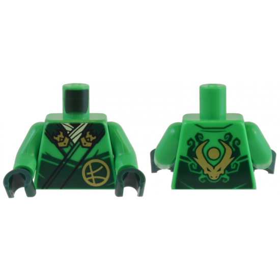 Torso Robe Dark Green Straps, Gold Buckles, Ninjago Logogram Letter L and Dragon Head and Orb on Back Pattern / Bright Green Arms / Dark Green Hands
