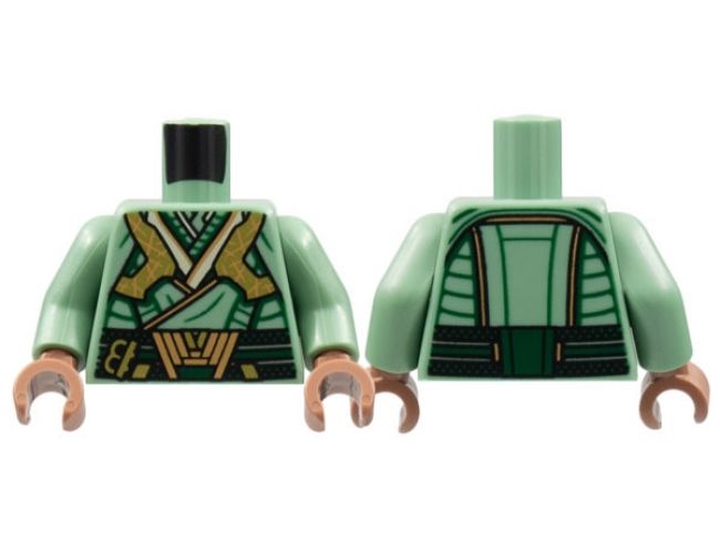 Torso Tunic, Dark Green Lines and Belt, Gold Armor and Buckle, Dark Orange Trim Pattern / Sand Green Arms / Medium Brown Hands