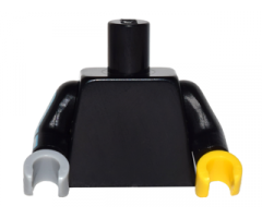 Torso Plain / Black Arm Left / Black Arm Right with Silver Mechanical Pattern / Yellow Hand Left / Light Bluish Gray Hand Right