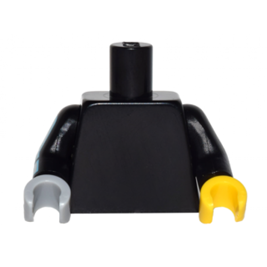 Torso Plain / Black Arm Left / Black Arm Right with Silver Mechanical Pattern / Yellow Hand Left / Light Bluish Gray Hand Right