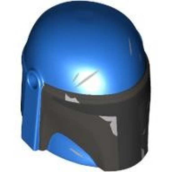 Minifigure, Headgear Helmet with Holes, SW Mandalorian with Dark Silver Front and Cheek Indents, Black Visor and Silver Battle Damage Pattern