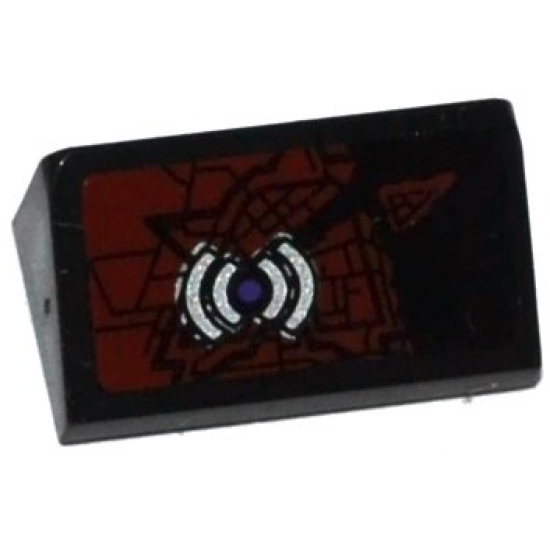 Slope 30 1 x 2 x 2/3 with Silver Circuitry and Purple Circle under Broken Trans-Red Glass Panel Pattern (Sticker) - Set 70166