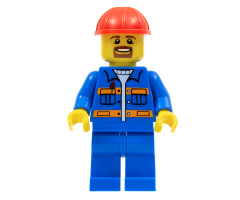 Blue Jacket with Pockets and Orange Stripes, Blue Legs, Red Construction Helmet, Brown Moustache and Goatee