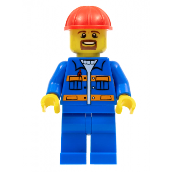Blue Jacket with Pockets and Orange Stripes, Blue Legs, Red Construction Helmet, Brown Moustache and Goatee