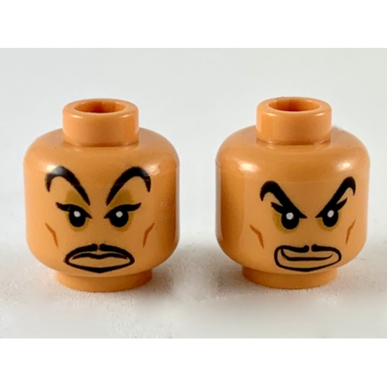 Minifigure, Head Dual Sided Large Black Eyebrows, Dark Orange Cheek Lines, Black Goatee, Passive / Crooked Smirk Pattern