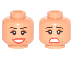 Minifigure, Head Dual Sided Female Thin Black Eyebrows, Brown Eye Shadow, Red Lips, Beauty Mark, Smile / Scared Pattern