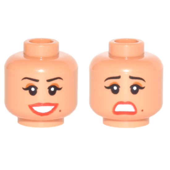 Minifigure, Head Dual Sided Female Thin Black Eyebrows, Brown Eye Shadow, Red Lips, Beauty Mark, Smile / Scared Pattern