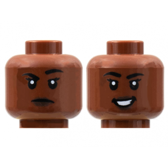 Minifigure, Head Dual Sided Female, Black Eyebrows, Dark Brown Lips, Raised Right Eyebrow / Smile with Teeth Pattern