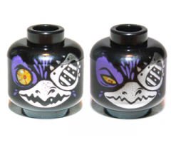 Minifigure, Head Dual Sided Alien Chima Raven with Silver Beak, Eye Patch and Dark Purple Feathers, Wide Eye / Narrow Eye Pattern (Rizzo)