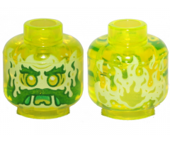 Minifigure, Head Alien Ghost with Yellowish Green Face, Dark Green Bushy Eyebrows, Moustache and Mutton Chops, Lime Eye Shadow, Green Open Mouth Frown with Slime and Tongue, Flames on Back Pattern