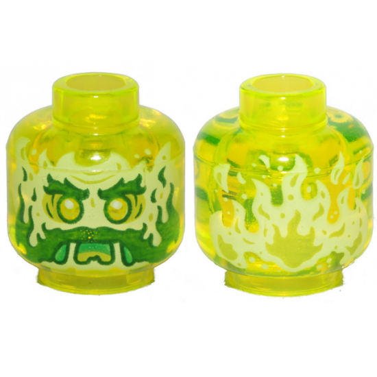 Minifigure, Head Alien Ghost with Yellowish Green Face, Dark Green Bushy Eyebrows, Moustache and Mutton Chops, Lime Eye Shadow, Green Open Mouth Frown with Slime and Tongue, Flames on Back Pattern
