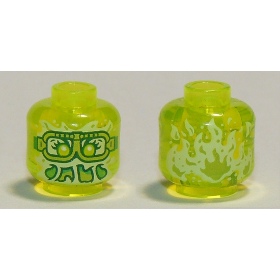Minifigure, Head Alien Ghost with Yellowish Green Face, Slime Mouth, Glasses and Flames in Back Pattern