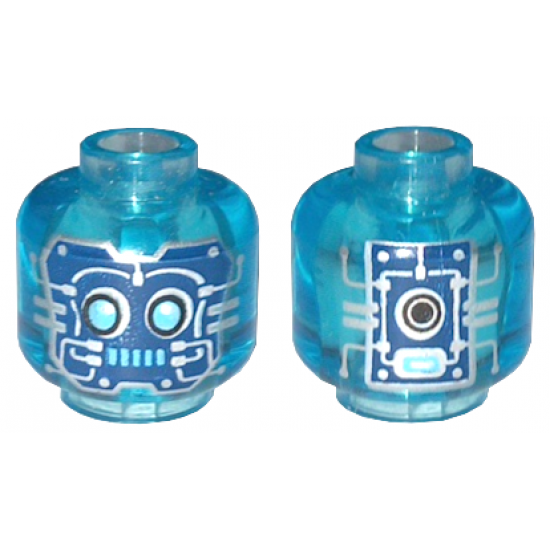 Minifigure, Head Alien Robot with Medium Azure Eyes and Mouth, Dark Blue Panels with Silver Circuitry and Circles Pattern