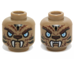 Minifigure, Head Dual Sided Alien Chima Tiger with Fur, Fangs, Light Blue Eyes and Black Stripes, Neutral / Angry Pattern (Strainor)