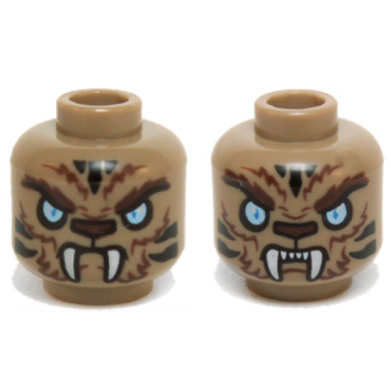 Minifigure, Head Dual Sided Alien Chima Tiger with Fur, Fangs, Light Blue Eyes and Black Stripes, Neutral / Angry Pattern (Strainor)