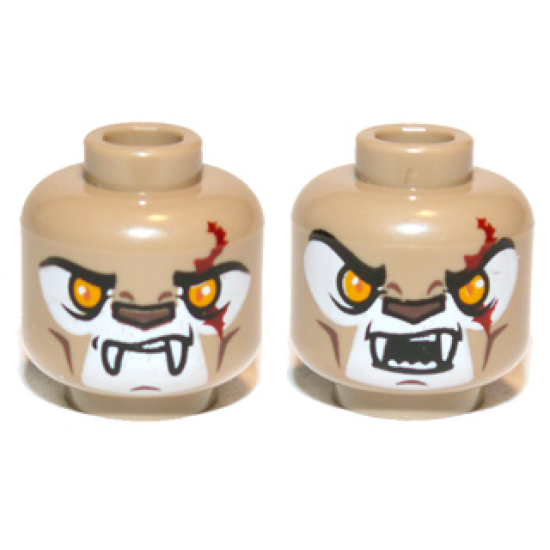 Minifigure, Head Dual Sided Alien Chima Lion with Fangs, Bright Light Orange Eyes, Dark Red Scar, Closed Mouth / Open Mouth Pattern