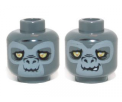 Minifigure, Head Dual Sided Alien Chima Gorilla with Bright Light Yellow Eyes and Light Bluish Gray Face, Grin / Lopsided Open Mouth Smile with Teeth Pattern