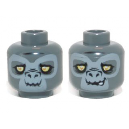 Minifigure, Head Dual Sided Alien Chima Gorilla with Bright Light Yellow Eyes and Light Bluish Gray Face, Grin / Lopsided Open Mouth Smile with Teeth Pattern