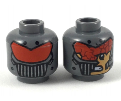 Minifigure, Head Dual Sided Alien with Red Visor, Silver Grate, Unbroken / Broken with Nougat Face Showing Pattern