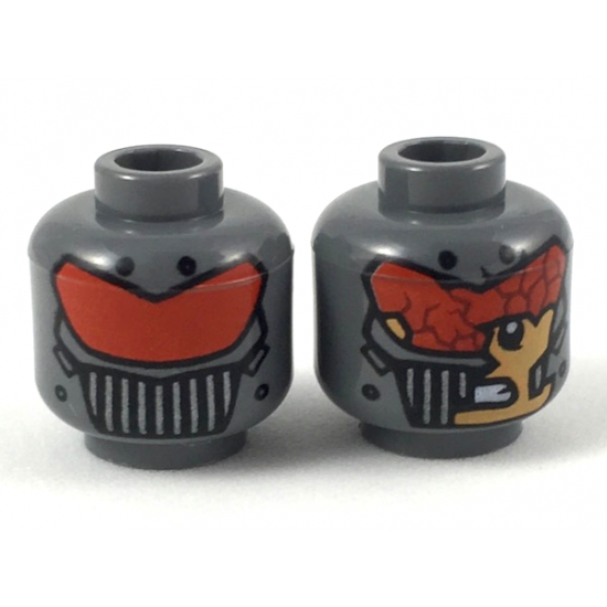 Minifigure, Head Dual Sided Alien with Red Visor, Silver Grate, Unbroken / Broken with Nougat Face Showing Pattern