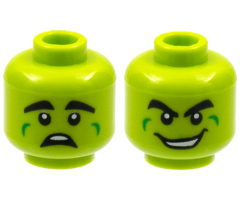 Minifigure, Head Dual Sided Alien, Thick Black Eyebrows, Green Cheek Dimples, Scared / Wide Grin with Teeth Pattern