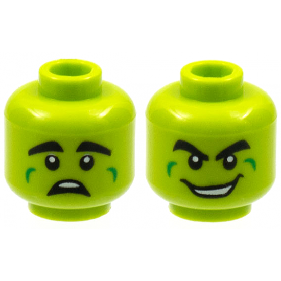 Minifigure, Head Dual Sided Alien, Thick Black Eyebrows, Green Cheek Dimples, Scared / Wide Grin with Teeth Pattern