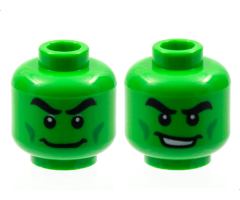 Minifigure, Head Dual Sided Black Thick Eyebrows, Green Cheek Lines, Wide Grin / Open Mouth Smile with Teeth Pattern