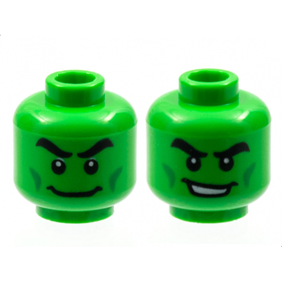 Minifigure, Head Dual Sided Black Thick Eyebrows, Green Cheek Lines, Wide Grin / Open Mouth Smile with Teeth Pattern