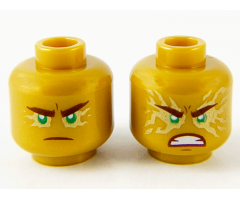 Minifigure, Head Dual Sided Reddish Brown Eyebrows and Mouth, Green Eyes with Gold Energy Effect, Frown / Fierce Outburst Pattern